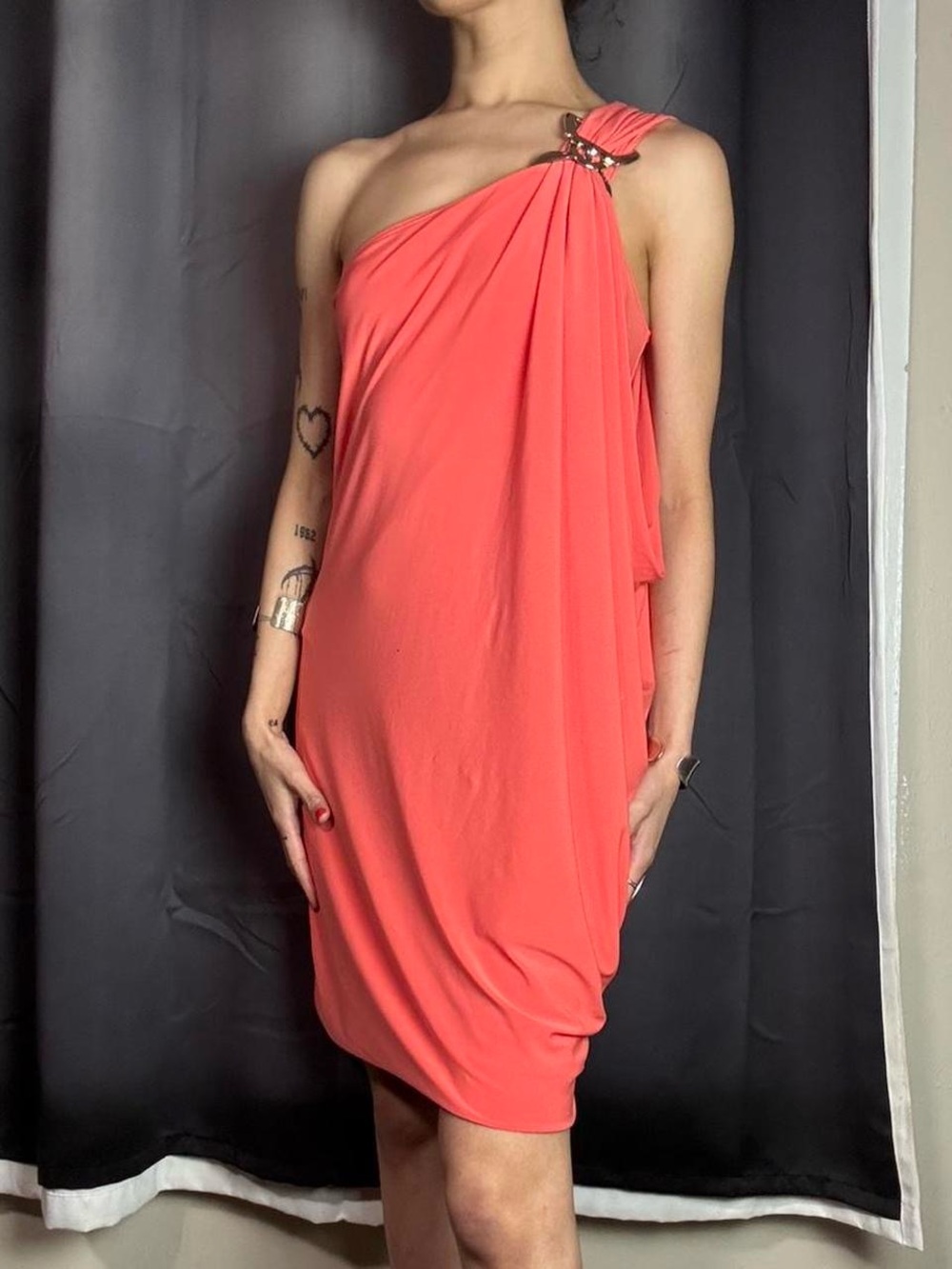 Coral One Shoulder Cache Dress